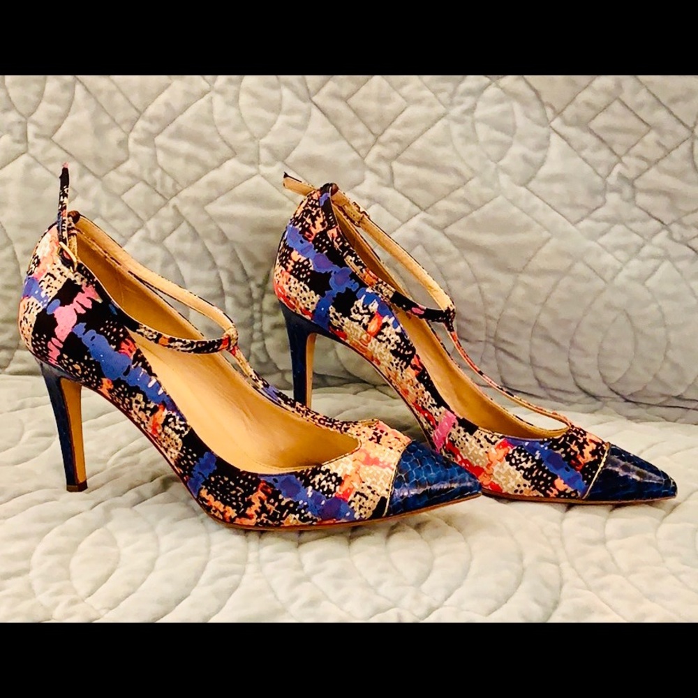 J.Crew Everly Cap-Toe Printed T-Strap Heels Multicolor